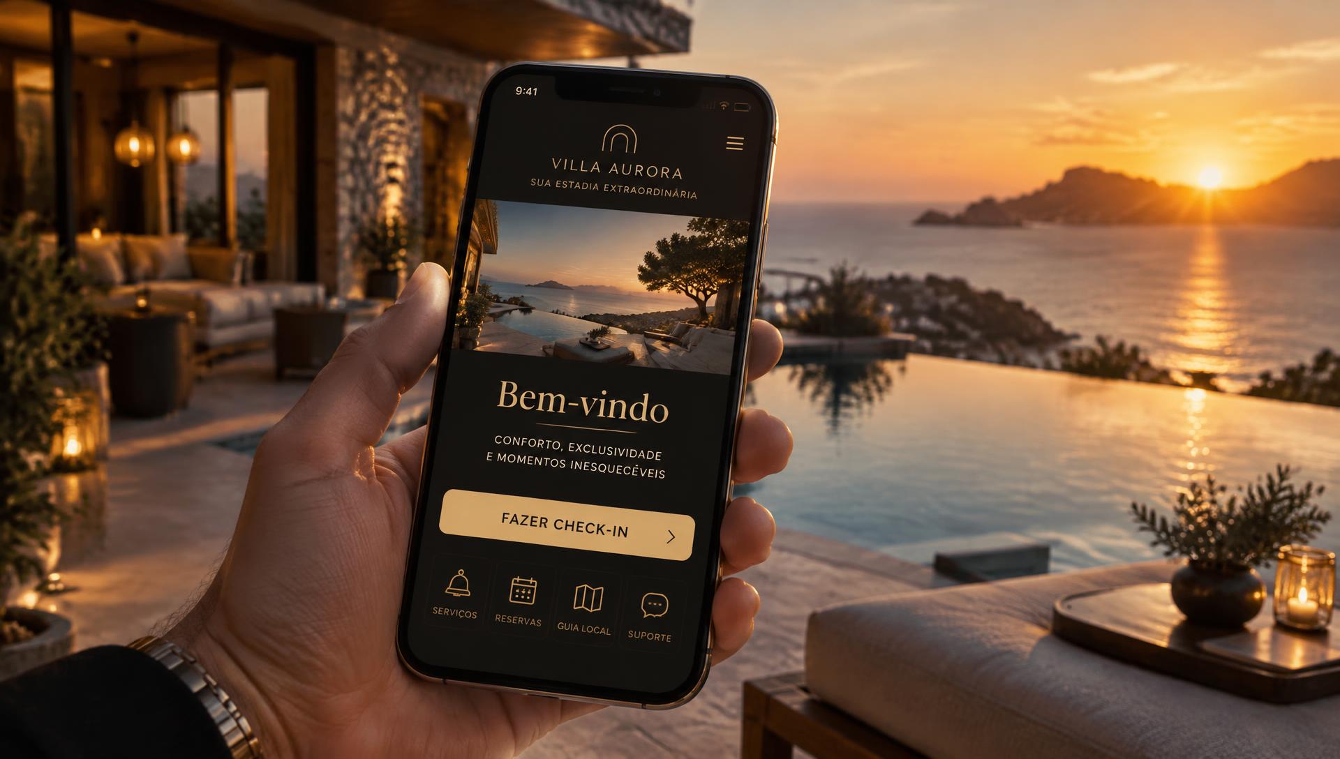 Hóspede usando o app da hospedagem no celular
