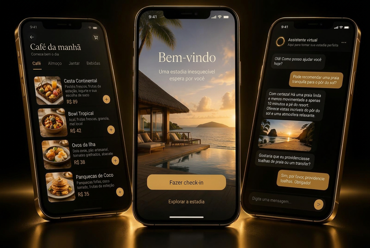 Telas do app com cardápio, boas-vindas e assistente