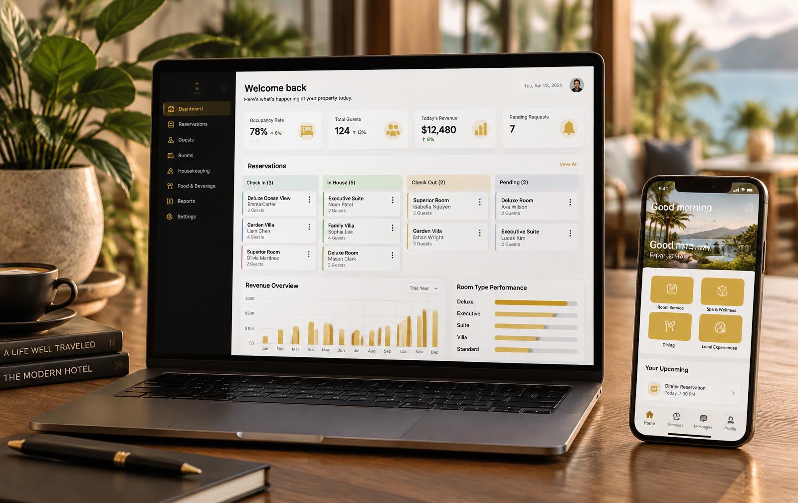 Painel da plataforma no notebook e app no celular